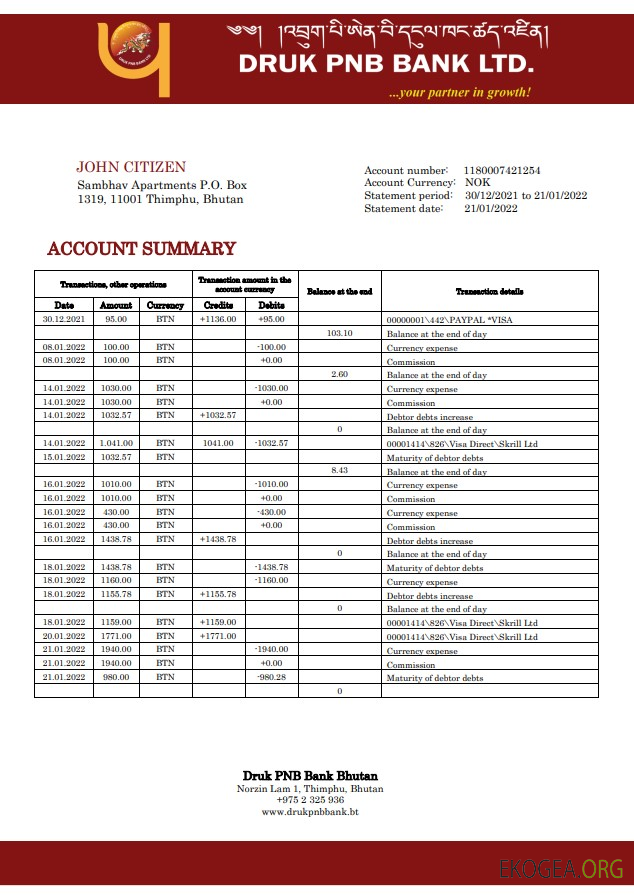 Relevé bancaire du Bhoutan Druk PNB